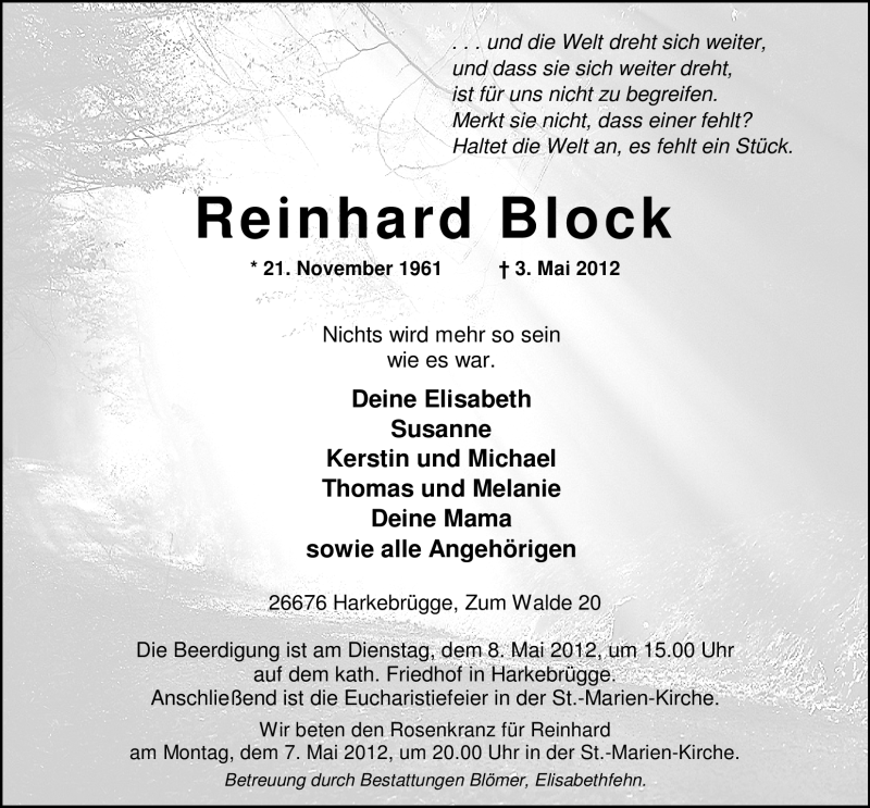  Traueranzeige für Reinhard Block vom 04.05.2012 aus Nordwest-Zeitung