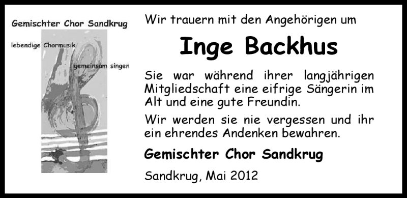  Traueranzeige für Inge Backhus vom 05.05.2012 aus Nordwest-Zeitung