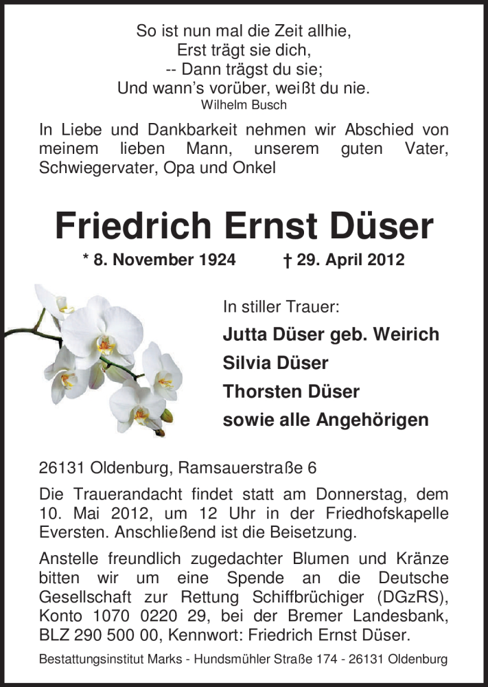  Traueranzeige für Friedrich Ernst Düser vom 05.05.2012 aus Nordwest-Zeitung