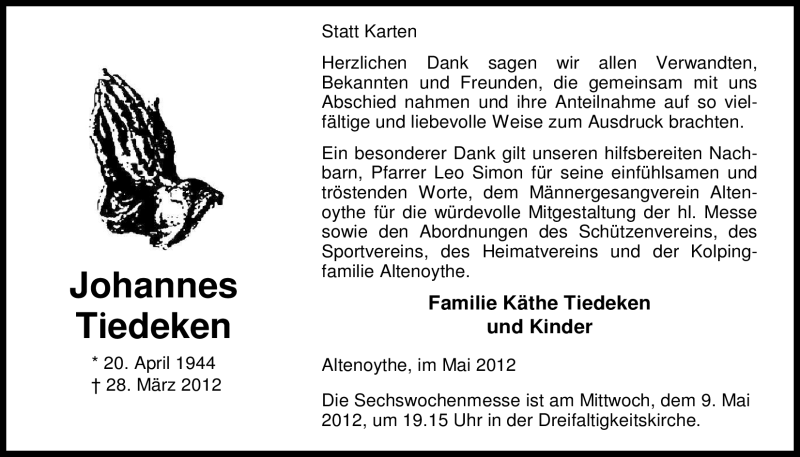  Traueranzeige für Johannes Tiedeken vom 07.05.2012 aus Nordwest-Zeitung