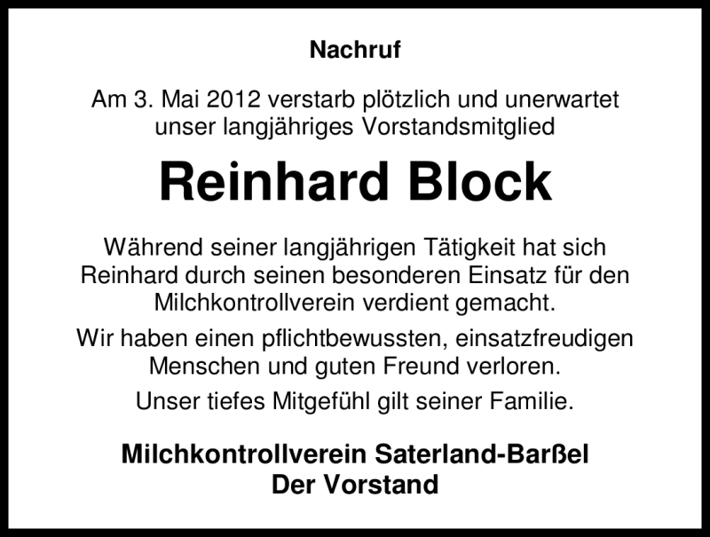  Traueranzeige für Reinhard Block vom 05.05.2012 aus Nordwest-Zeitung
