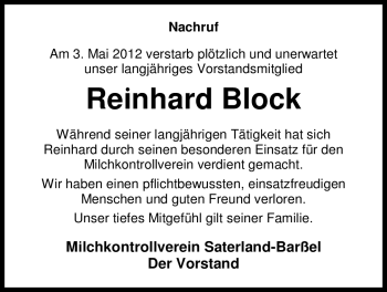 Traueranzeige von Reinhard Block von Nordwest-Zeitung