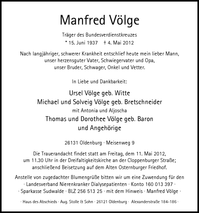  Traueranzeige für Manfred Völge vom 08.05.2012 aus Nordwest-Zeitung