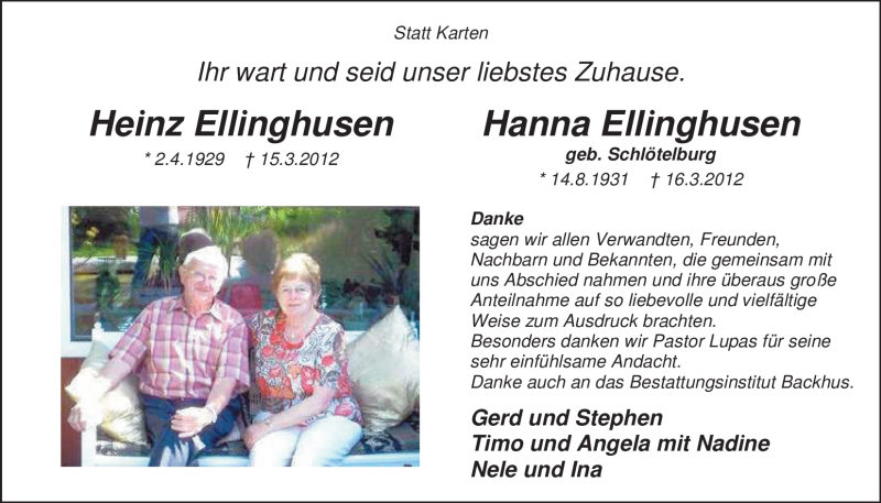  Traueranzeige für Heinz und Hanna Ellinghusen vom 08.05.2012 aus Nordwest-Zeitung