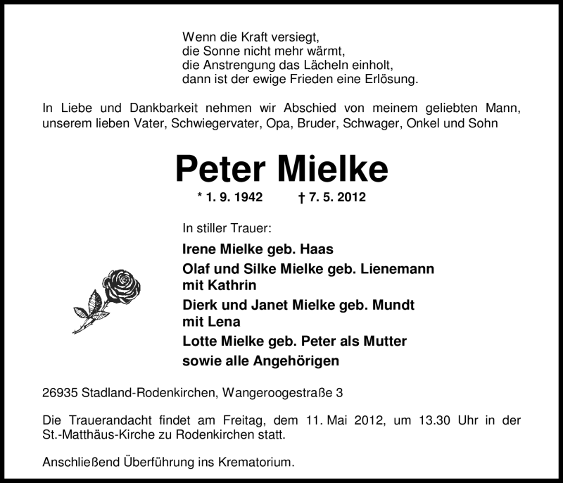  Traueranzeige für Peter Mielke vom 09.05.2012 aus Nordwest-Zeitung