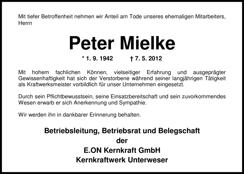  Traueranzeige für Peter Mielke vom 10.05.2012 aus Nordwest-Zeitung