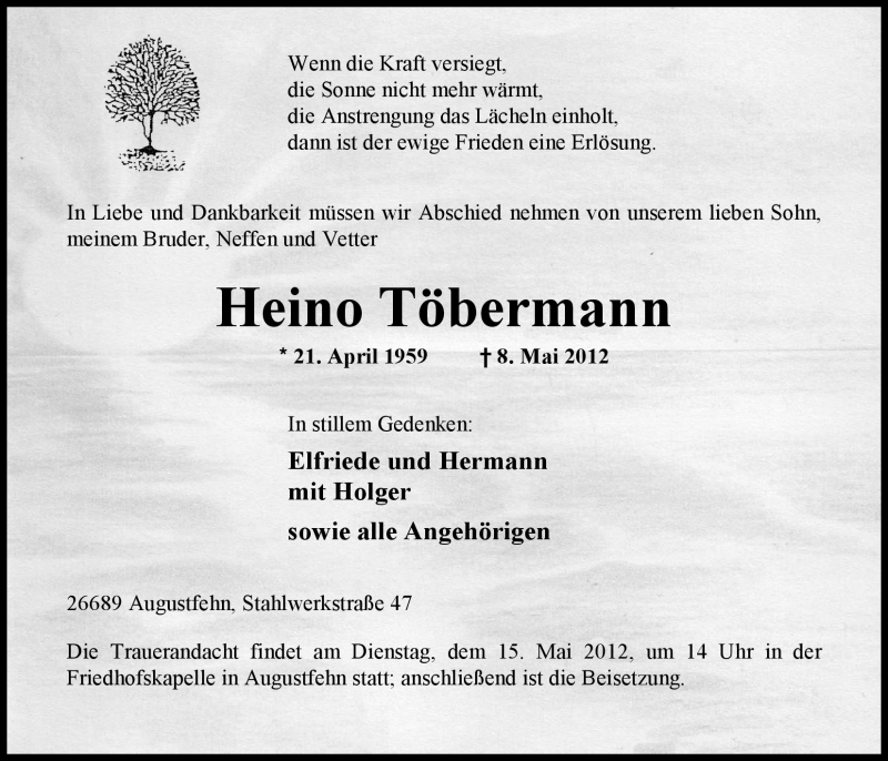  Traueranzeige für Heino Töbermann vom 10.05.2012 aus Nordwest-Zeitung