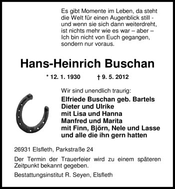 Traueranzeige von Hans-Heinrich Buschan von Nordwest-Zeitung