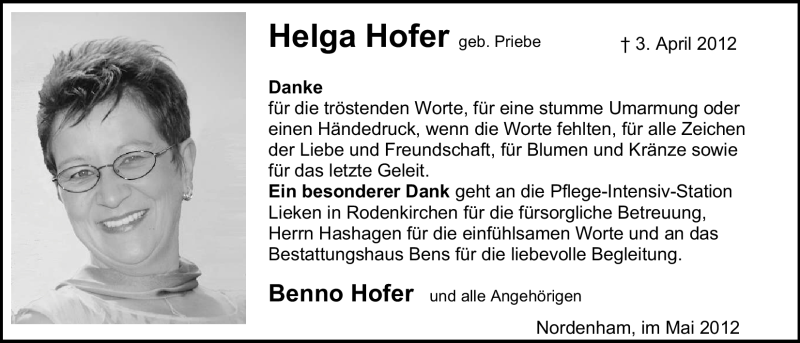  Traueranzeige für Helga Hofer vom 12.05.2012 aus Nordwest-Zeitung