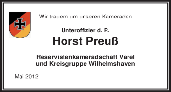 Traueranzeige von Horst Preuß von Nordwest-Zeitung