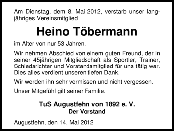 Traueranzeige von Heino Töbermann von Nordwest-Zeitung