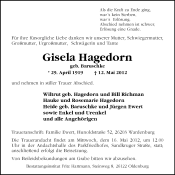 Traueranzeige von Gisela Hagedorn von Nordwest-Zeitung
