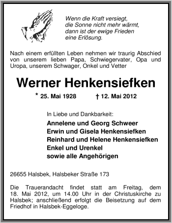Traueranzeige von Werner Henkensiefken von Nordwest-Zeitung