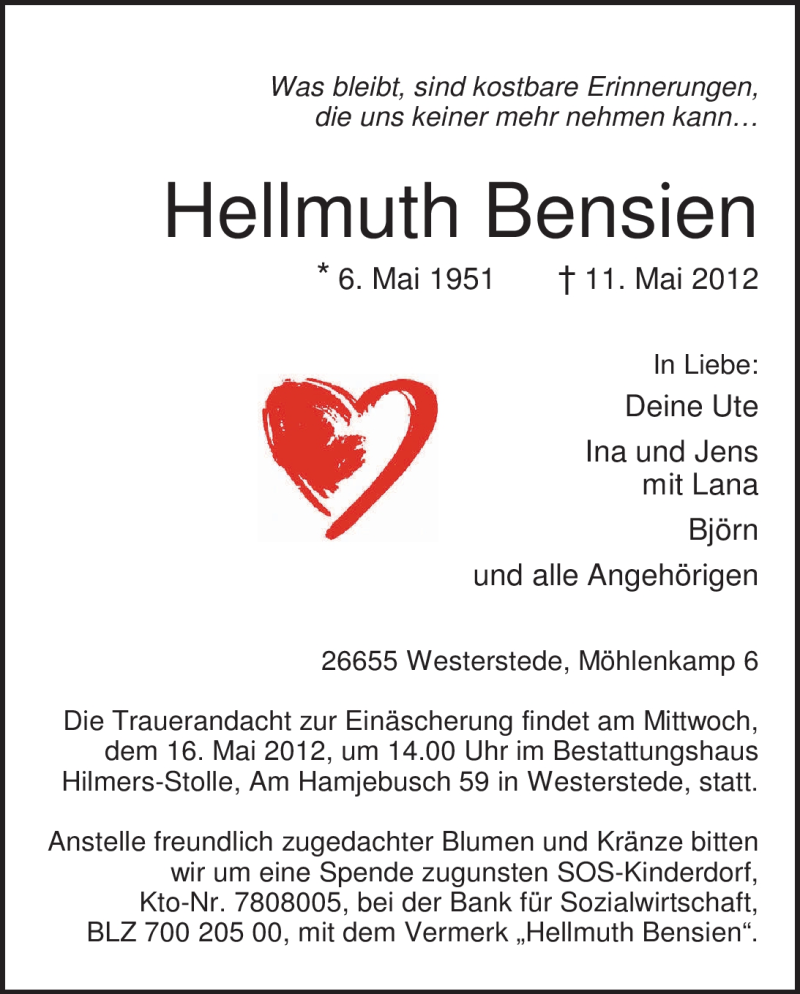 Traueranzeige für Hellmuth Bensien vom 14.05.2012 aus Nordwest-Zeitung