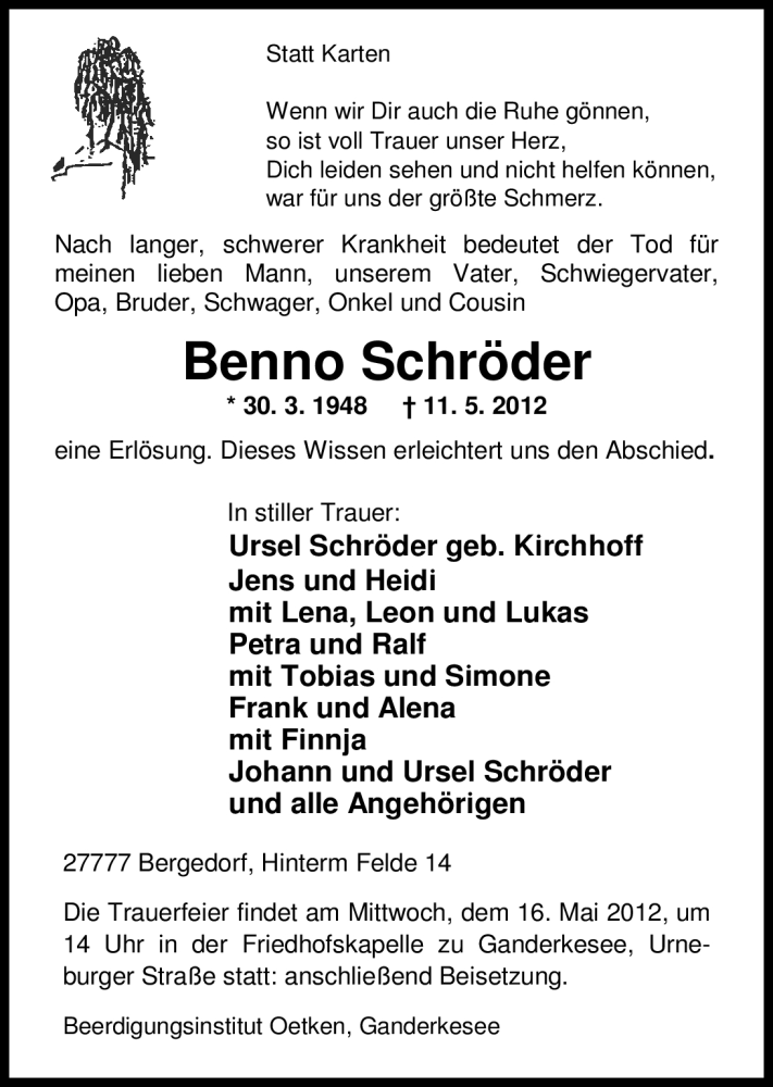  Traueranzeige für Benno Schröder vom 14.05.2012 aus Nordwest-Zeitung