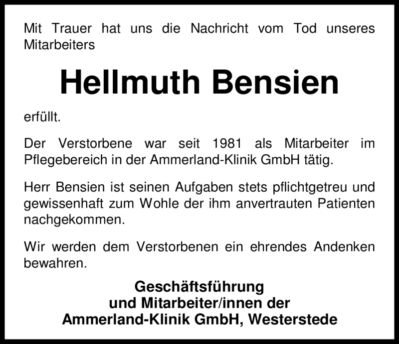  Traueranzeige für Hellmuth Bensien vom 15.05.2012 aus Nordwest-Zeitung