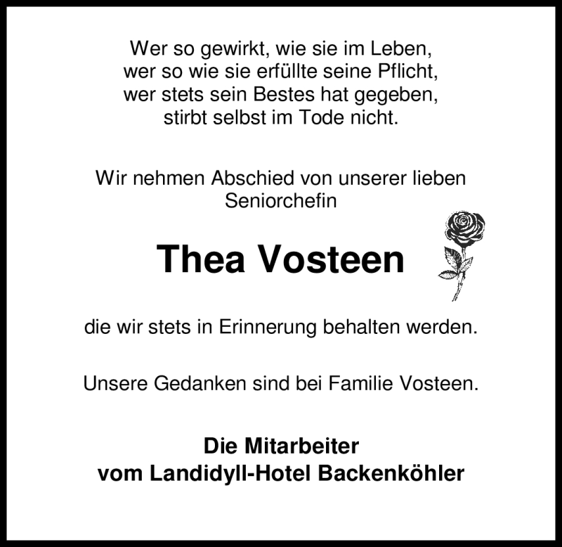  Traueranzeige für Thea Luise Vosteen vom 16.05.2012 aus Nordwest-Zeitung
