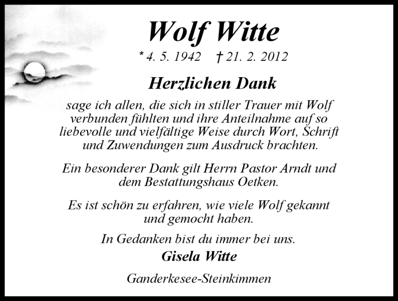  Traueranzeige für Wolf Witte vom 19.05.2012 aus Nordwest-Zeitung