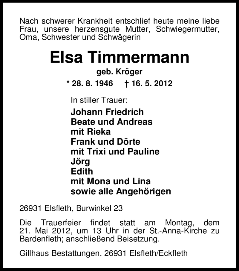  Traueranzeige für Elsa Timmermann vom 18.05.2012 aus Nordwest-Zeitung
