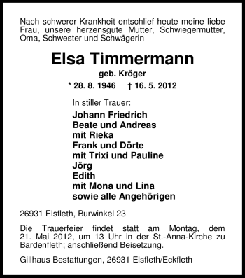 Traueranzeige von Elsa Timmermann von Nordwest-Zeitung