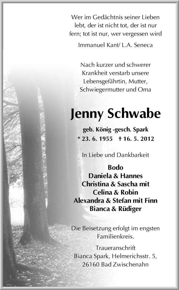  Traueranzeige für Jenny Schwabe vom 26.05.2012 aus Nordwest-Zeitung