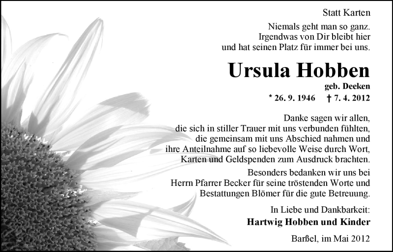  Traueranzeige für Ursula Hobben vom 19.05.2012 aus Nordwest-Zeitung
