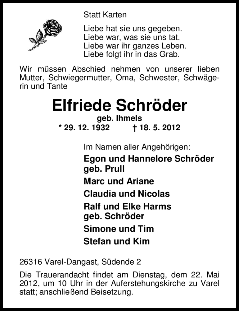  Traueranzeige für Elfriede Schröder vom 21.05.2012 aus Nordwest-Zeitung