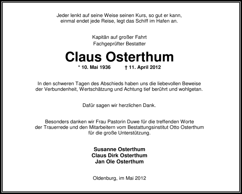  Traueranzeige für Claus Osterthum vom 22.05.2012 aus Nordwest-Zeitung