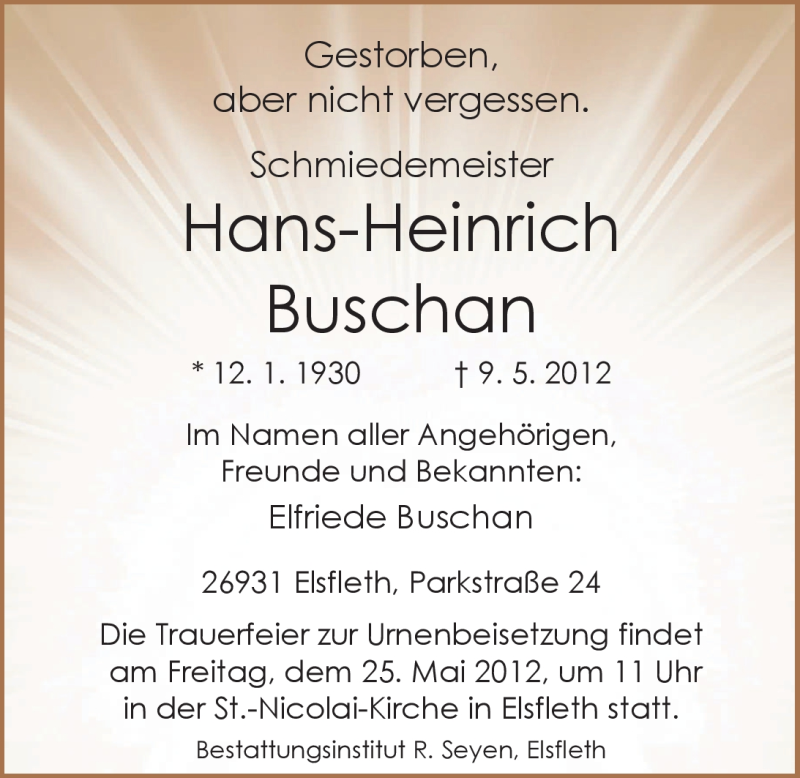  Traueranzeige für Hans-Heinrich Buschan vom 22.05.2012 aus Nordwest-Zeitung