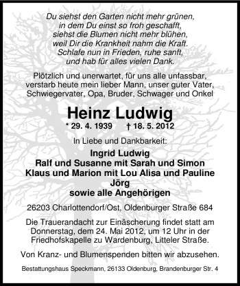 Traueranzeige von Heinz Ludwig von Nordwest-Zeitung