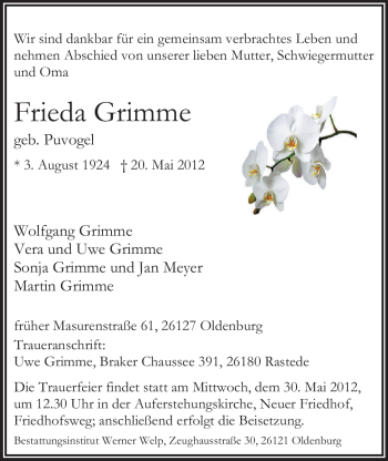 Traueranzeige von Frieda Grimme von Nordwest-Zeitung