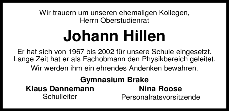  Traueranzeige für Johann Hillen vom 23.05.2012 aus Nordwest-Zeitung