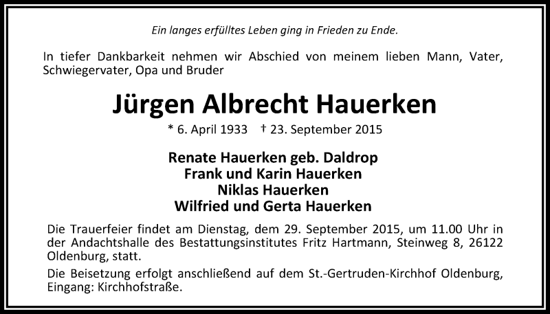  Traueranzeige für Jürgen Albrecht Hauerken vom 26.09.2015 aus Nordwest-Zeitung