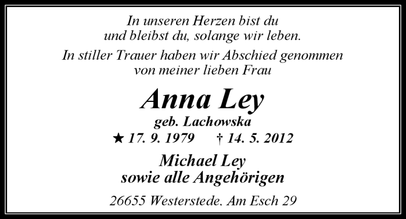  Traueranzeige für Anna Ley vom 26.05.2012 aus Nordwest-Zeitung