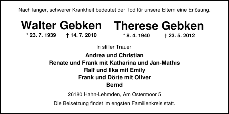  Traueranzeige für Theresa und Walter Gebken vom 29.05.2012 aus Nordwest-Zeitung