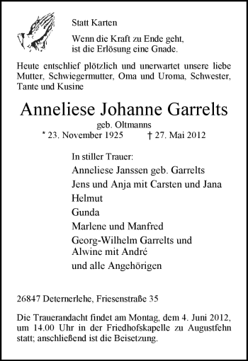 Traueranzeige von Anneliese Johanne Garrelts von Nordwest-Zeitung