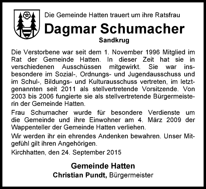  Traueranzeige für Dagmar Schumacher vom 28.09.2015 aus Nordwest-Zeitung