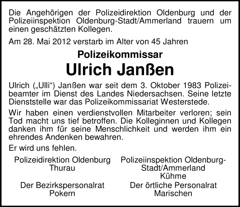  Traueranzeige für Ulrich Janßen vom 30.05.2012 aus Nordwest-Zeitung