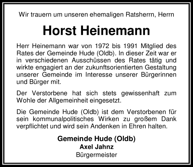  Traueranzeige für Horst Heinemann vom 31.05.2012 aus Nordwest-Zeitung