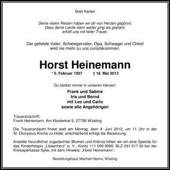 Traueranzeige von Horst Heinemann von Nordwest-Zeitung