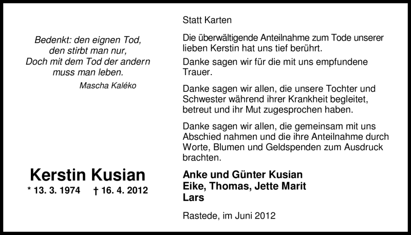  Traueranzeige für Kerstin Kusian vom 02.06.2012 aus Nordwest-Zeitung