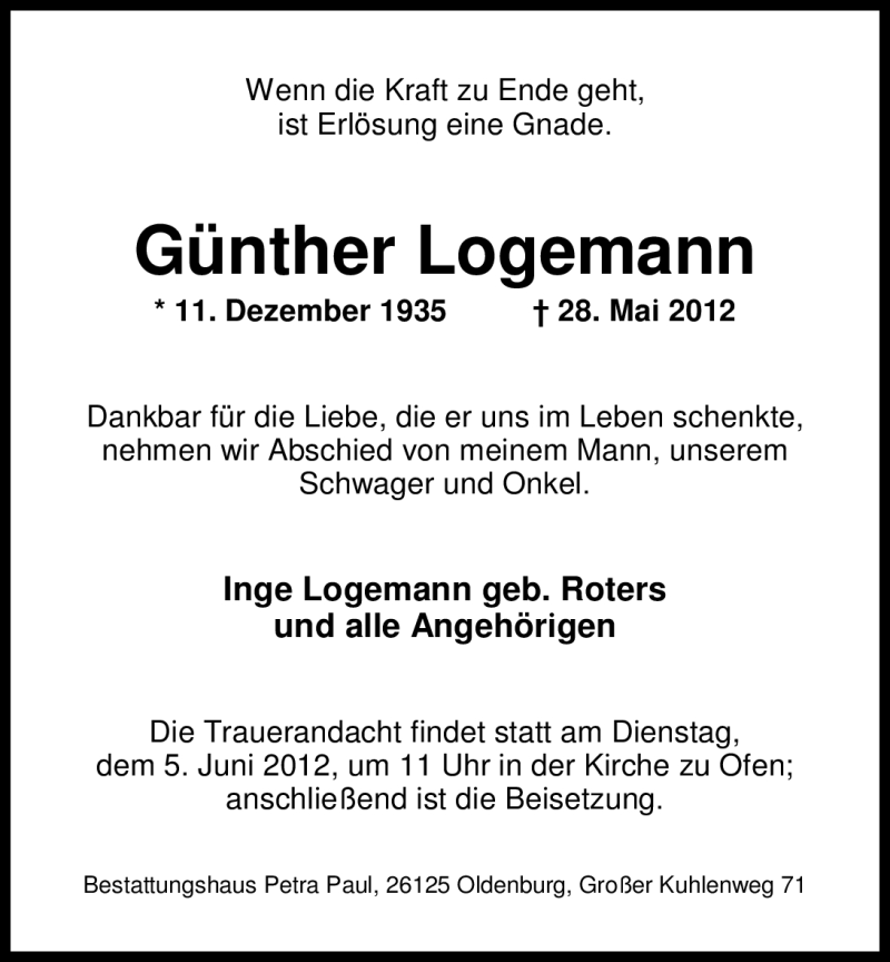 Traueranzeige für Günther Logemann vom 01.06.2012 aus Nordwest-Zeitung