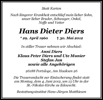 Traueranzeige von Hans Dieter Diers von Nordwest-Zeitung