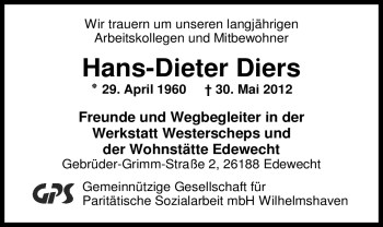 Traueranzeige von Hans Dieter Diers von Nordwest-Zeitung