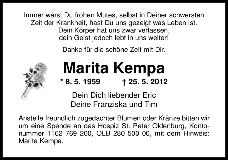  Traueranzeige für Marita Kempa vom 02.06.2012 aus Nordwest-Zeitung