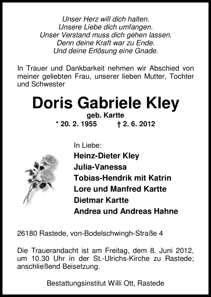  Traueranzeige für Doris Kley vom 06.06.2012 aus Nordwest-Zeitung