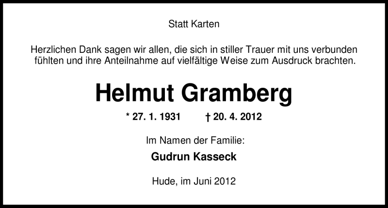  Traueranzeige für Helmut Gramberg vom 09.06.2012 aus Nordwest-Zeitung