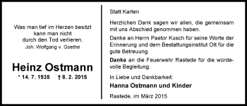 Traueranzeige von Heinz Ostmann von Nordwest-Zeitung