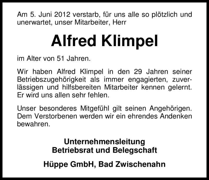  Traueranzeige für Alfred Klimpel vom 08.06.2012 aus Nordwest-Zeitung