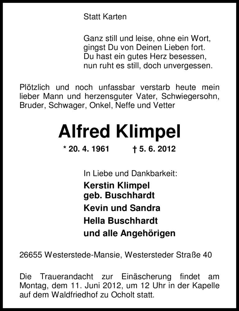 Traueranzeige für Alfred Klimpel vom 08.06.2012 aus Nordwest-Zeitung